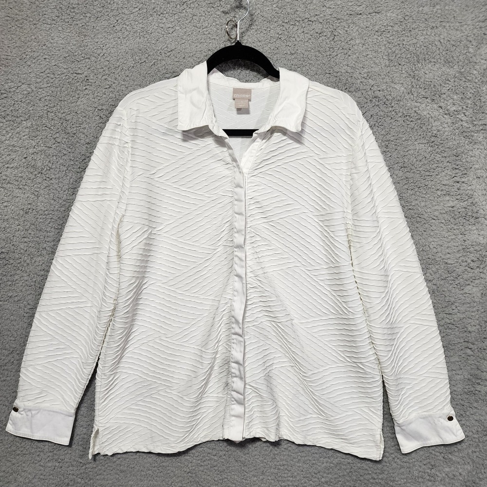 Chicos White Long‎ Sleeve Button Up Shirt Size 3 Ribbed Textured Stretch Comfort